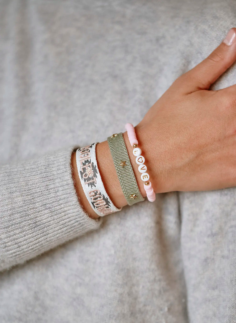 Coolest Godmother Armband • Weiß, Rosa & Grau